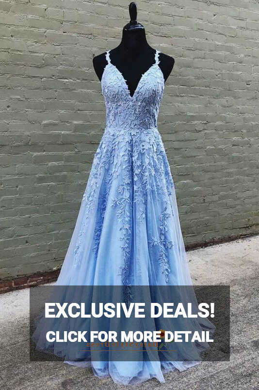 A line Long Light Blue Lace Prom Dress – daisystyledress