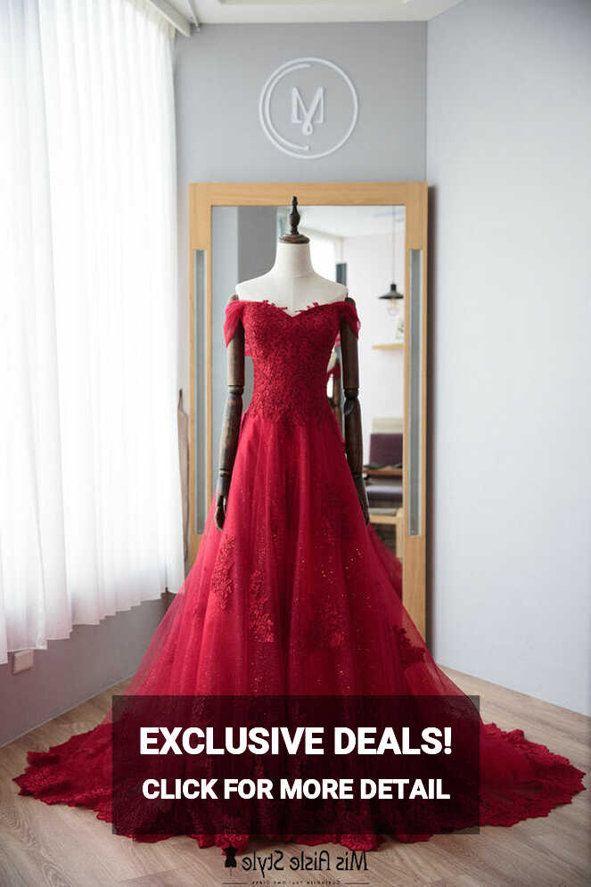 A line Off Shoulder Sleeve Deep Red Lace Wedding Dress – misaislestyle