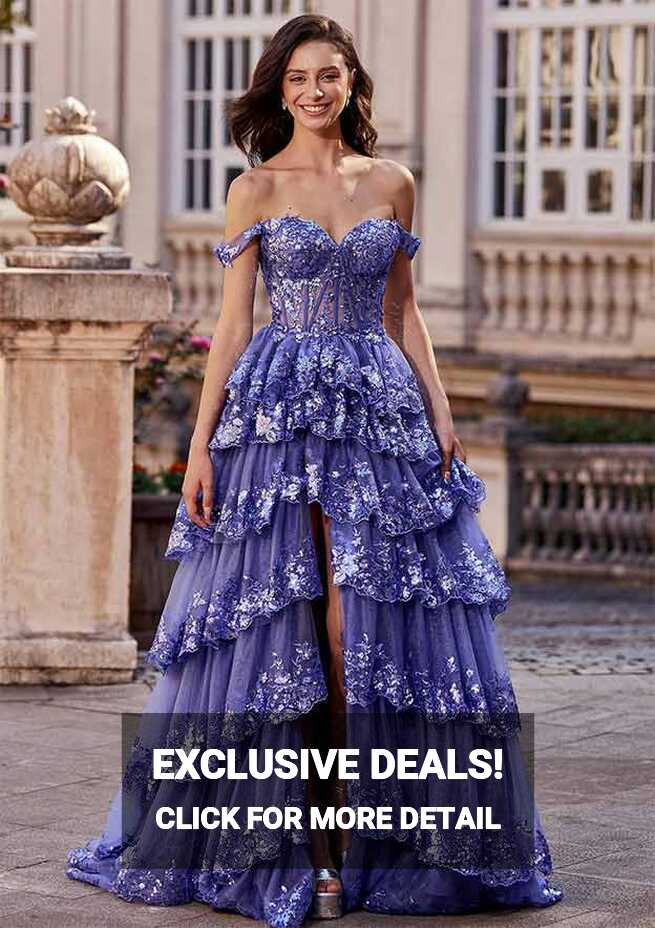 A-line Off-the-Shoulder Sleeveless Sweep Train Tulle Prom Dress ...