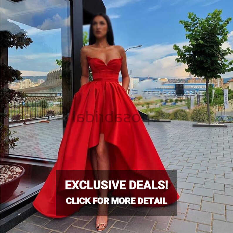 A-line Red High-low Straps Satin Formal Long Modest Unique Prom ...