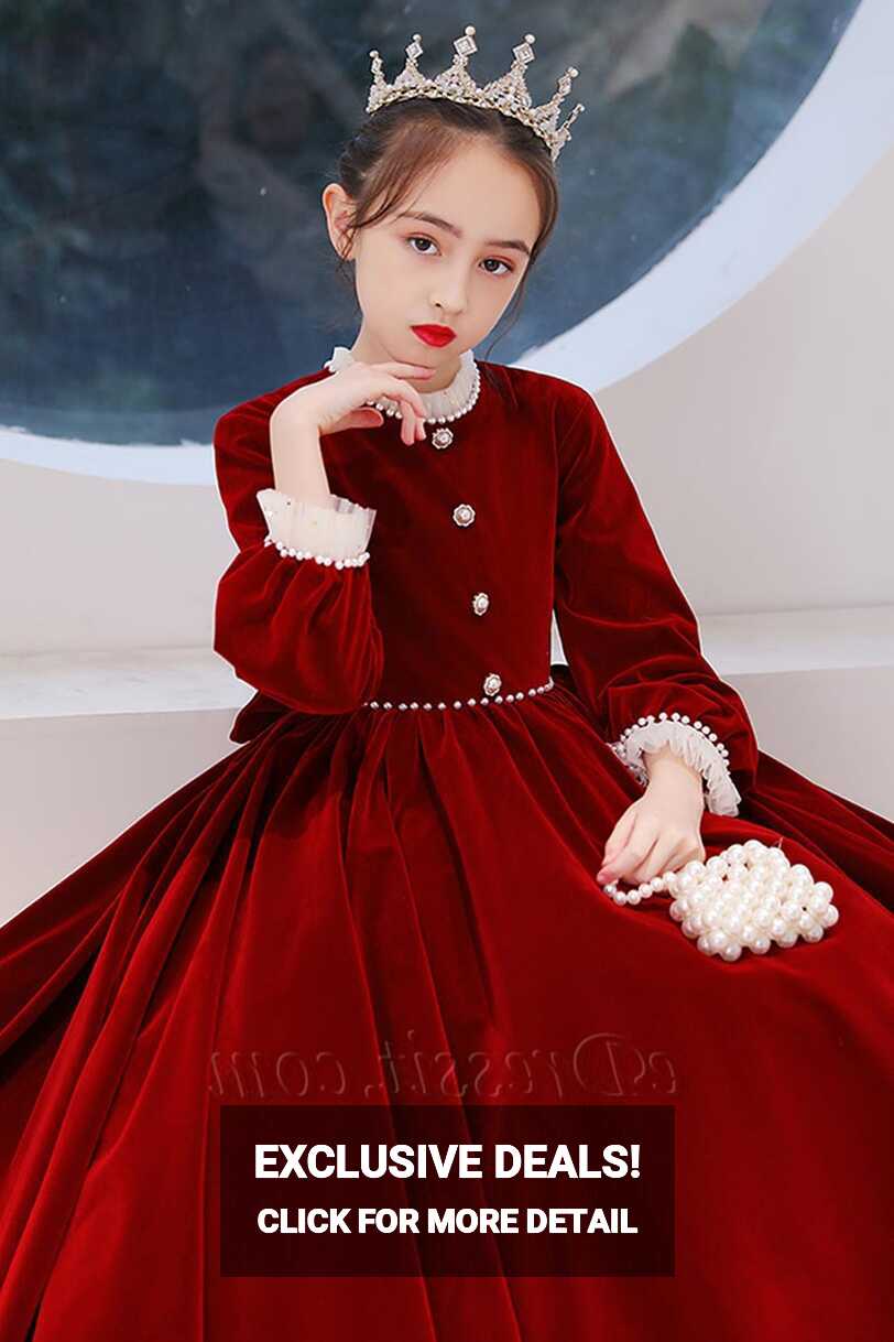 A-line Round Long Sleeves Velvet Flower Girl Dresses (27220014 ...