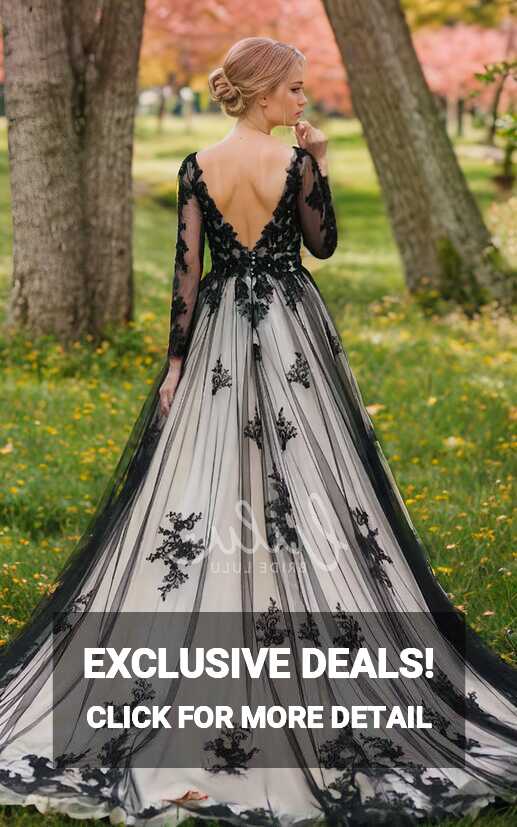 A-line Sexy Deep-V Open Back Elegant Long Sleeve Black Tulle Lace ...