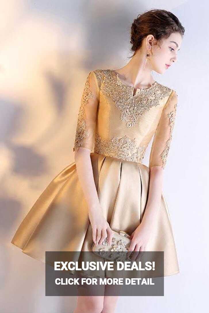 A-line Short Sleeves Gold Lace Satin Short Prom Dress Homecoming ...