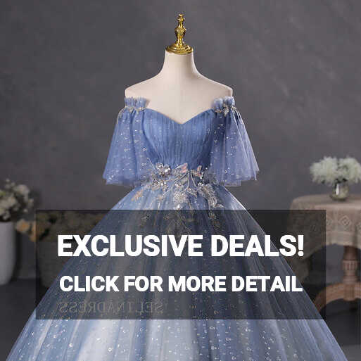 A-line Strapless Blue Long Prom Dress Ball Gown Short Sleeve ...