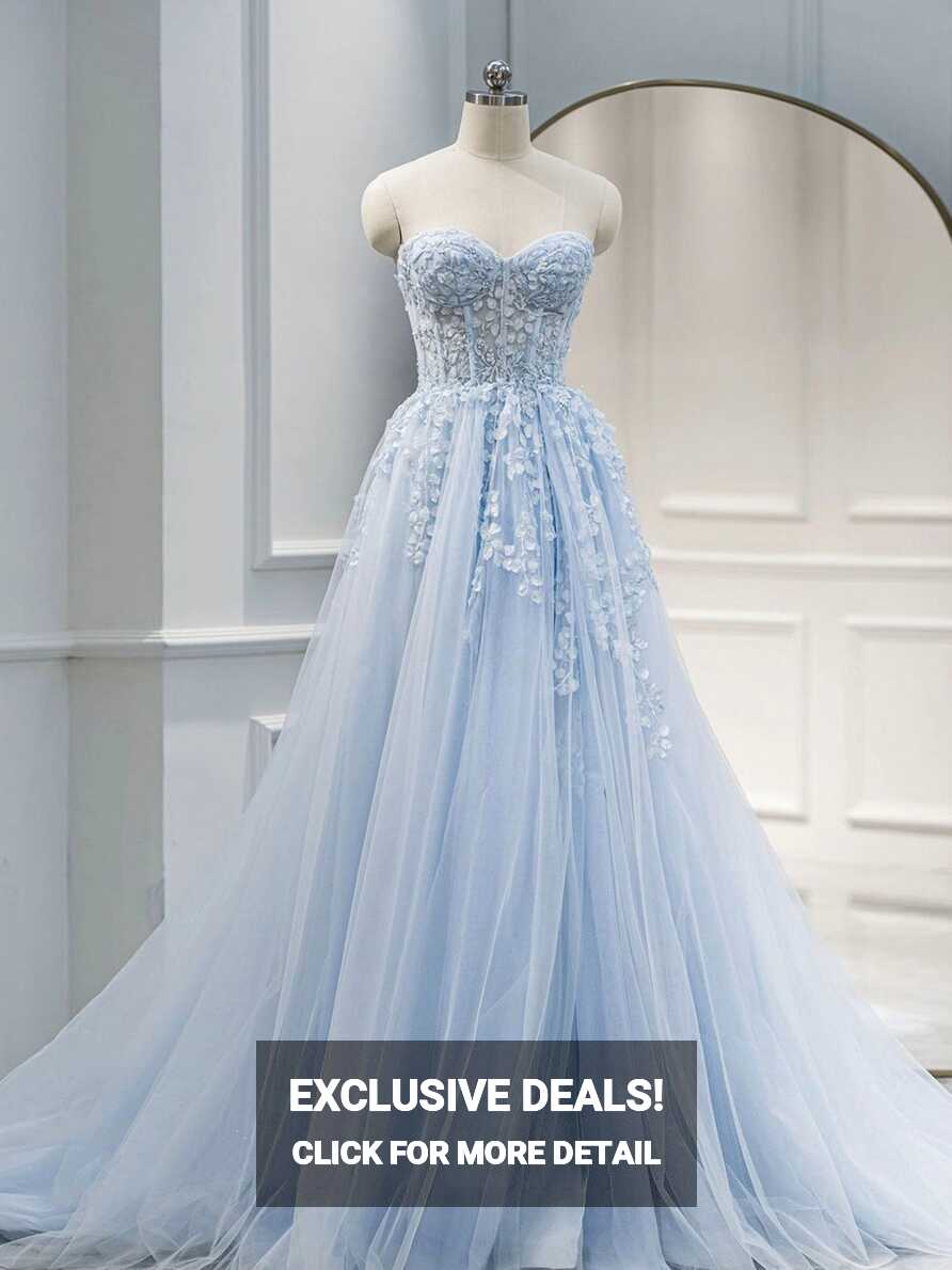 A line Sweetheart Neck Tulle Lace Long Blue Prom Dresses, Lace ...