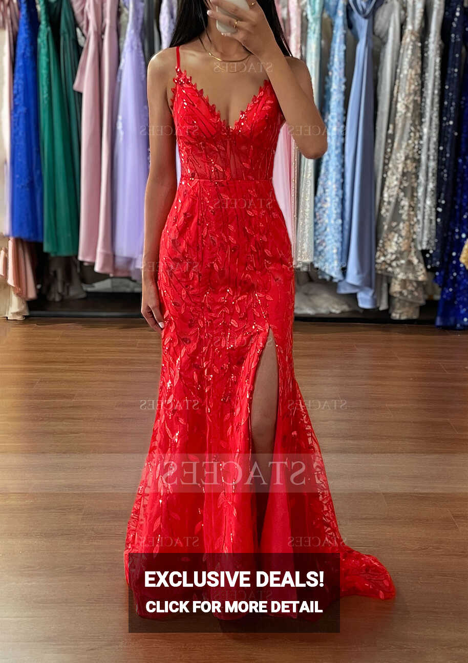 A-line V Neck Sleeveless Sweep Train Tulle Prom Dress with Sequins ...