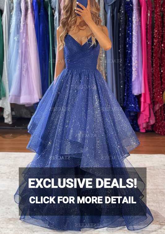 A-line V Neck Sleeveless Tulle Long/Floor-Length Prom Dress with ...