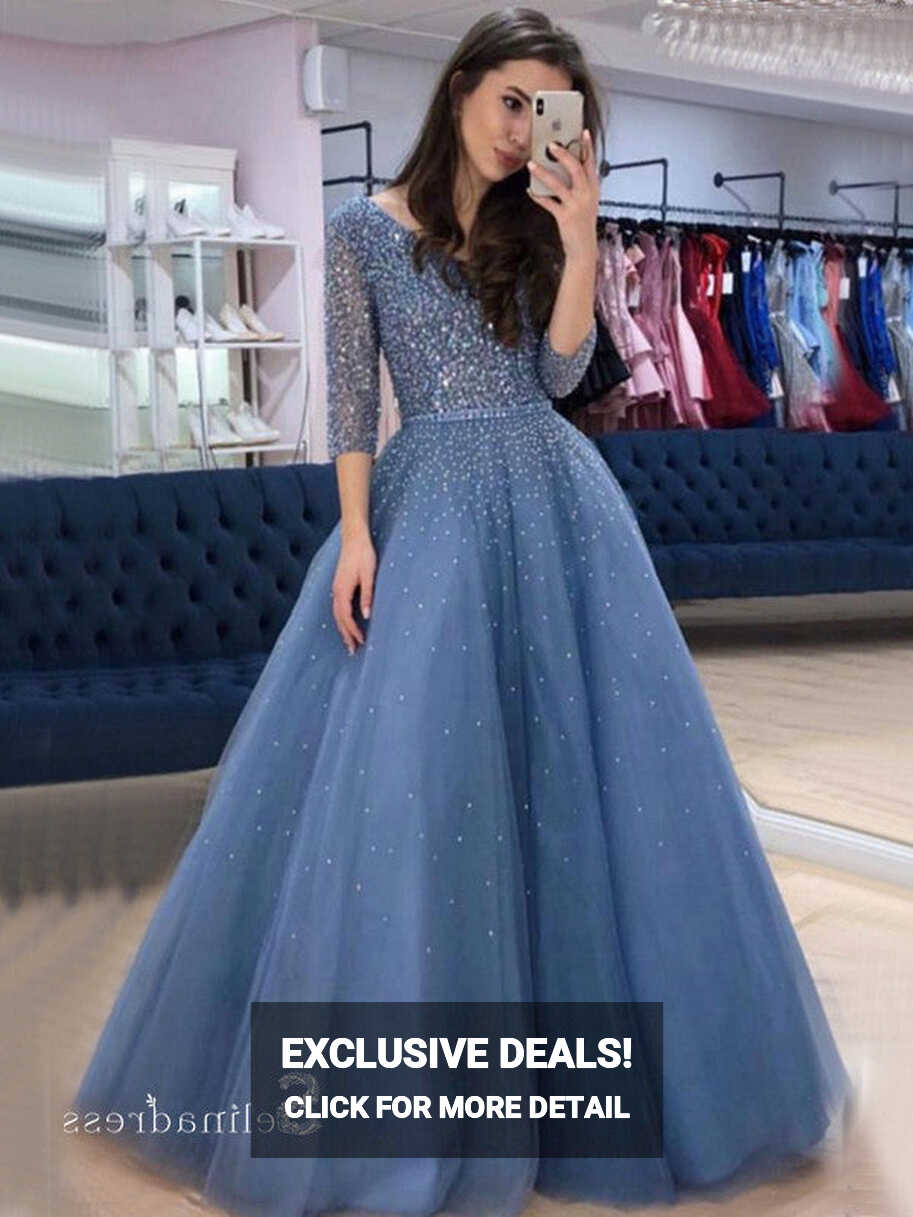 A-line V neck 3/4 Sleeve Elegant Long Prom Dresses Beaded Evening ...