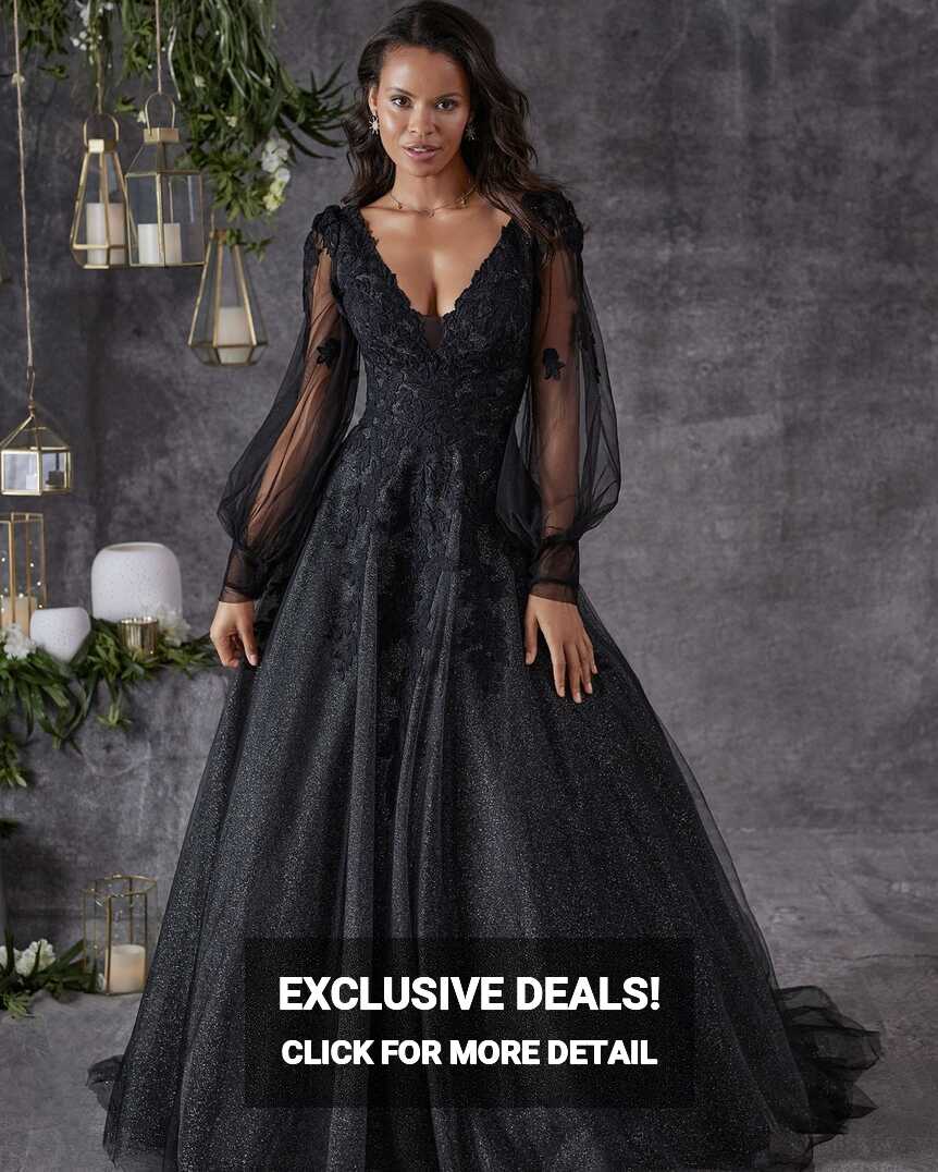 A-line V neck Black Prom Dress Long Sleeve Lace Applique Tulle ...