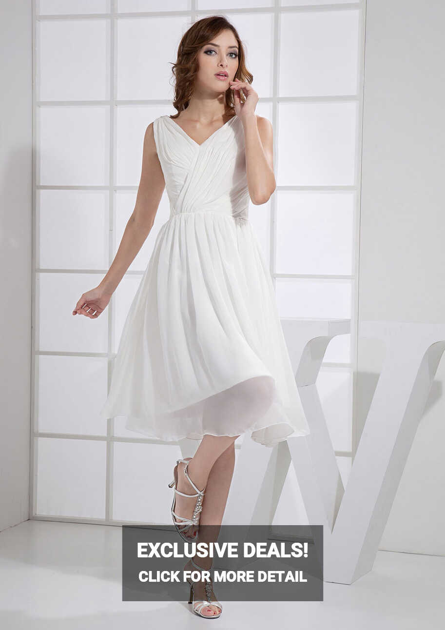 A-line V-neck Knee-length White Chiffon Short Prom Dresses - Short ...