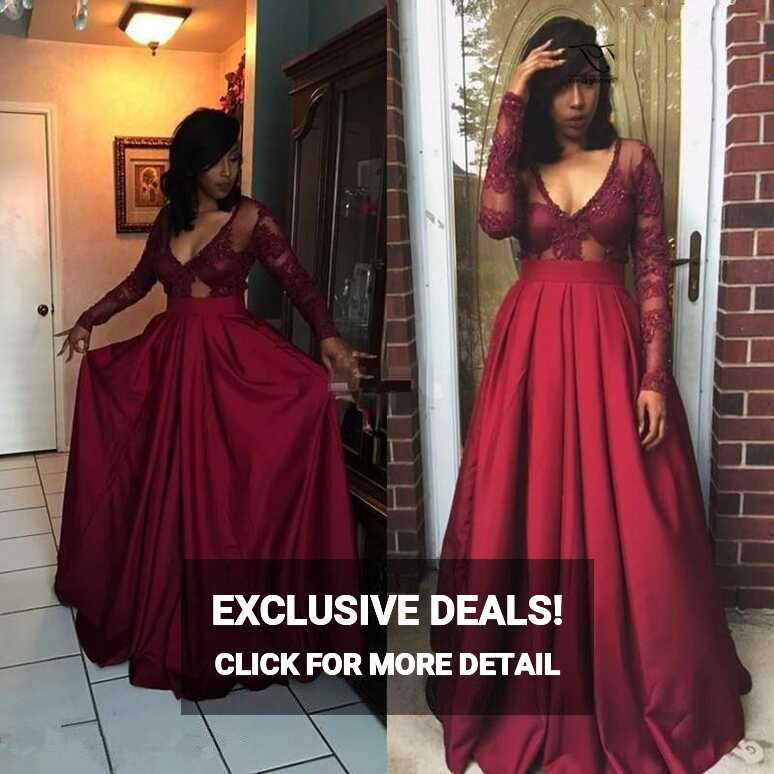 A-line V-neck Satin Burgundy Long Sleeve Prom/Formal Dress – Pgmdress