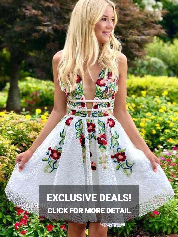 A-line White Short Prom Dress Floral Embroidery Homecoming Dress ...