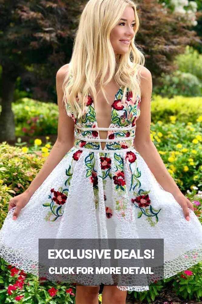 A-line White Short Prom Dress Homecoming Dress with Floral – Pgmdress