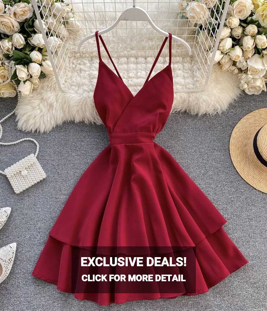 A line v neck short dress summer dress 1196 - burgundy / S