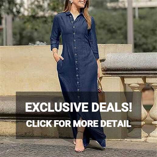 AALLYN Womens Casual Button Down Denim Maxi Dress Lapel Long ...