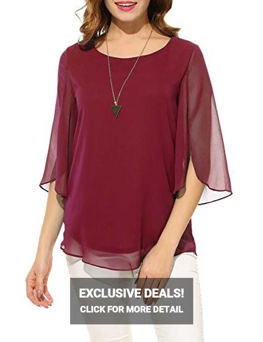 ACEVOG Womens Casual Scoop Neck Loose Top 3/4 Sleeve Chiffon ...