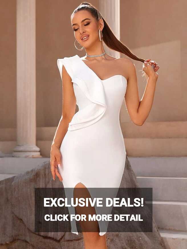 ADYCE One Shoulder Ruffle Trim Split Thigh Cocktail Party Bodycon ...