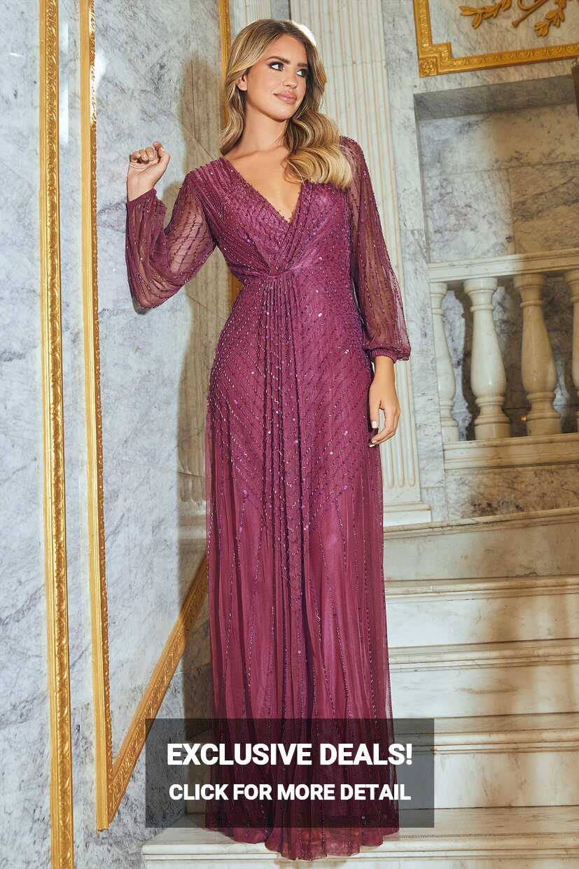 AMBER 150.00 BERRY V NECK BEADED FULL SLEEVE MAXI DRESS – Sistaglam