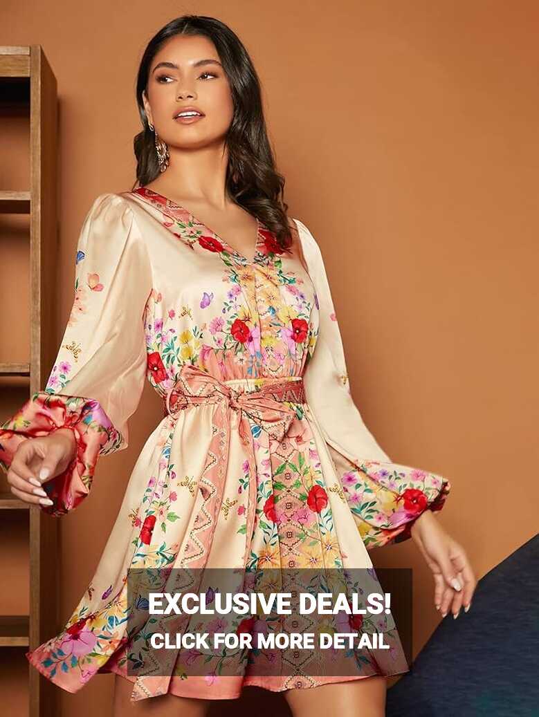 ANHCRA Semi Formal Dresses Floral Print Lantern Sleeve Belted ...