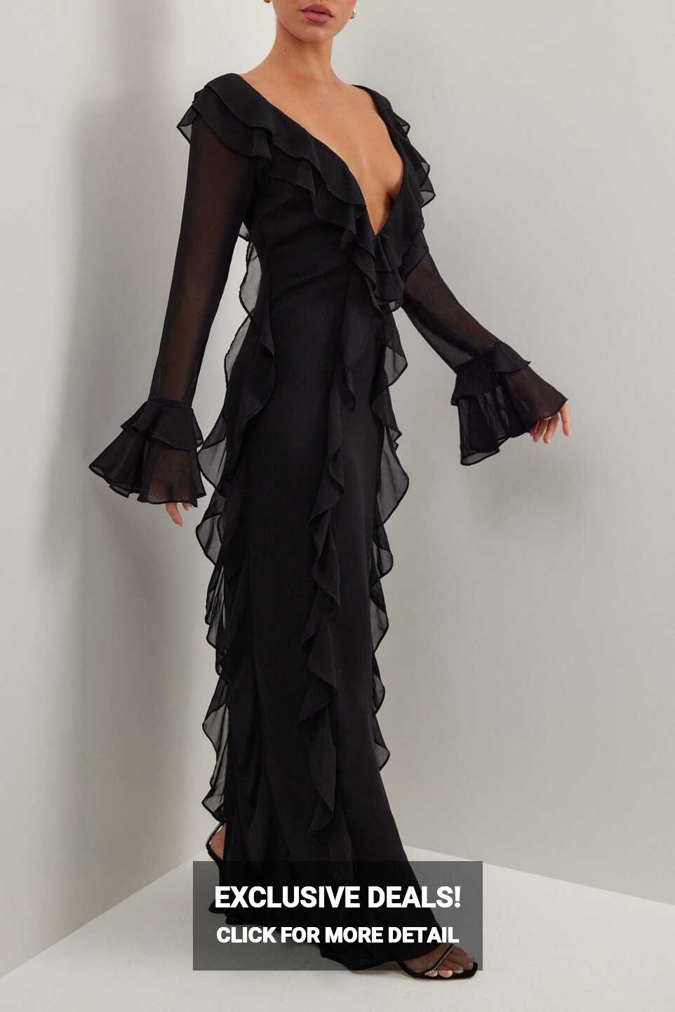 AUDREY - Black Ruffle Long Sleeve Maxi Dress – Luxe Glamour®️