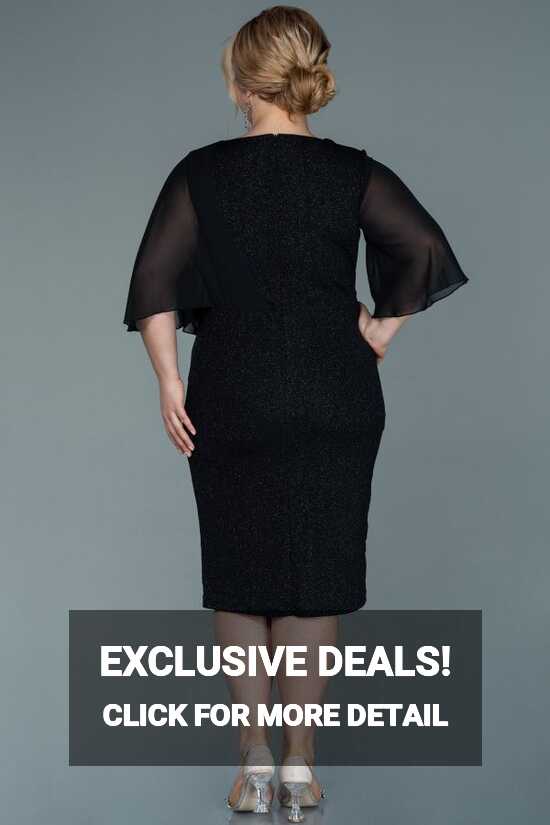 Abiyefon Black Short Sleeve Glitter Midi Plus Size Evening Dress ...