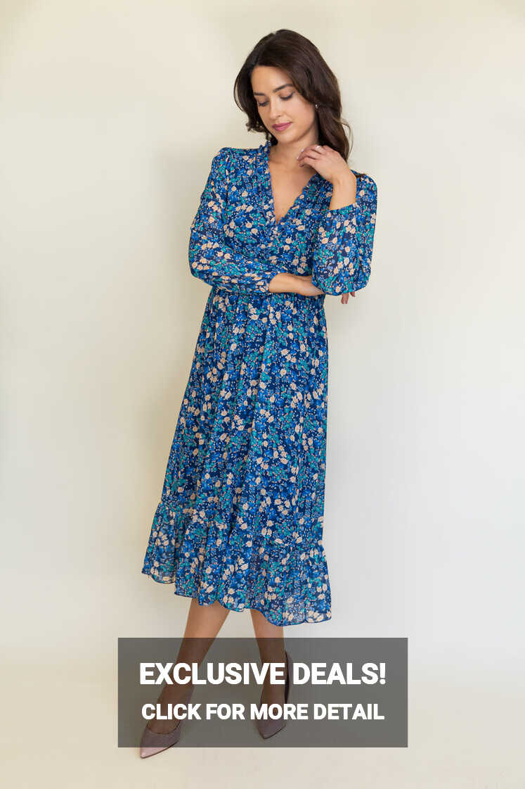 Adele Navy Printed Floral Frill Midi Dress – Born Clothing