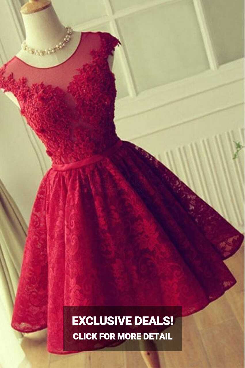 Adorable Knee-length Red Short Lace Prom Dress Homecoming Dress ...