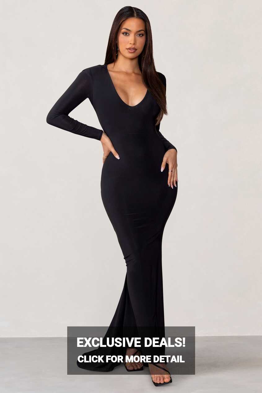 Adore Black Long Sleeve Plunge Maxi Dress with Hood – Club L ...