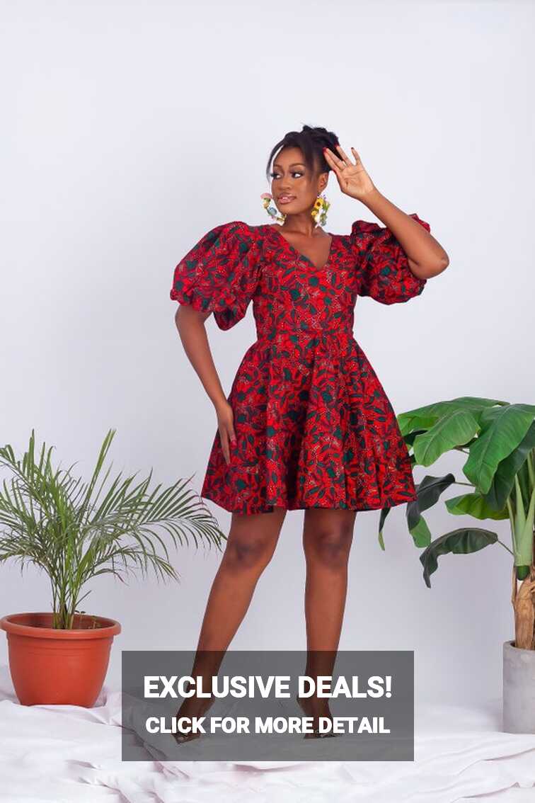 African Print Fitted-flared Puff Sleeve Midi Dress - Etsy