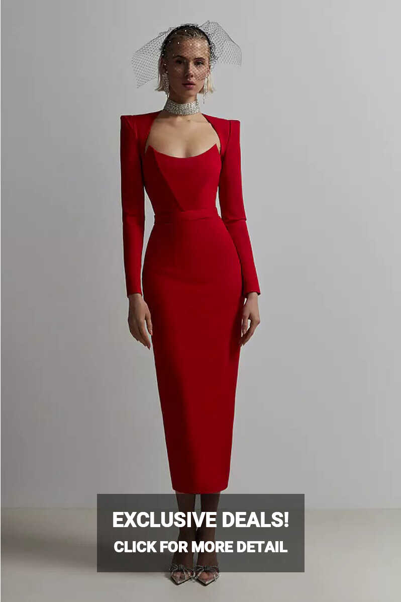 Alaina Red Long Sleeve Midi Work Dress