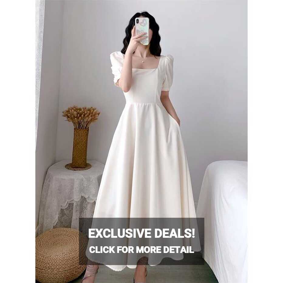 Alibhw french plus size long white dress puff sleeve dress formal ...