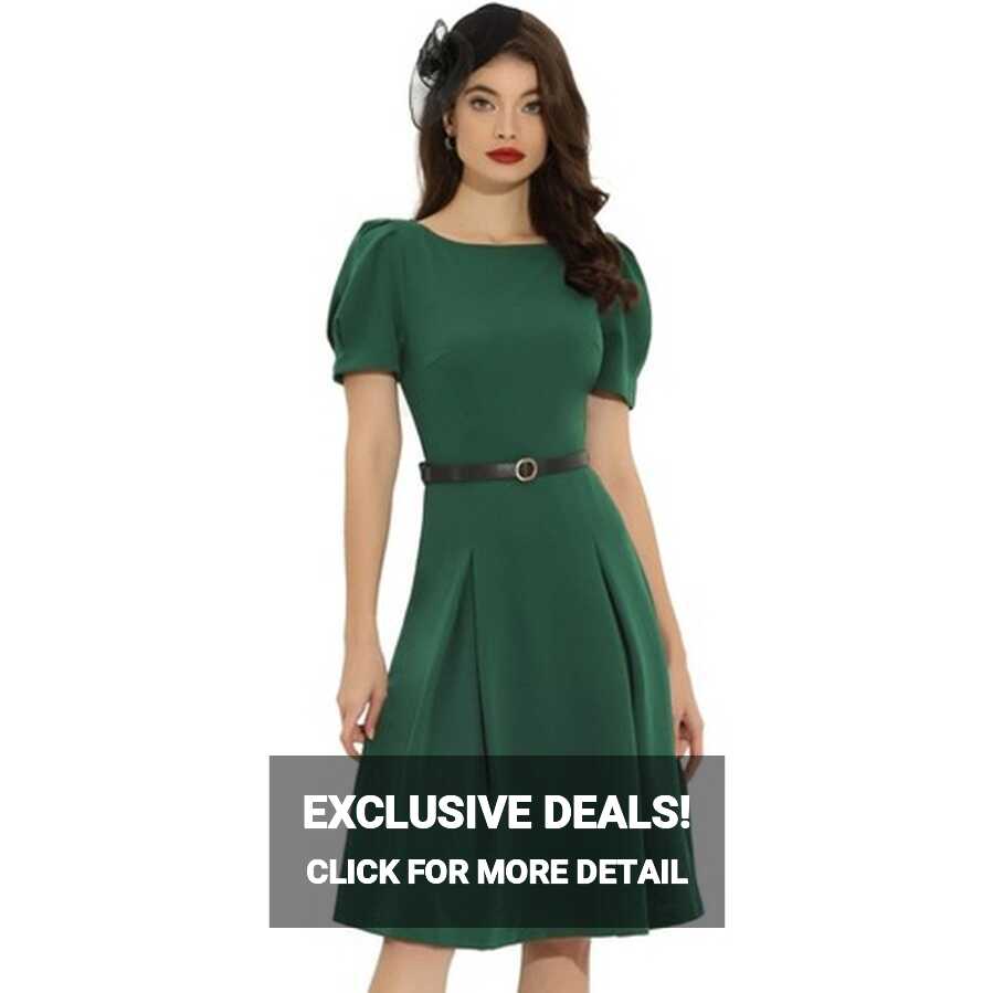 Allegra K Women&#39;s Elegant Work Belted Boat Neck Short Sleeve Midi ...