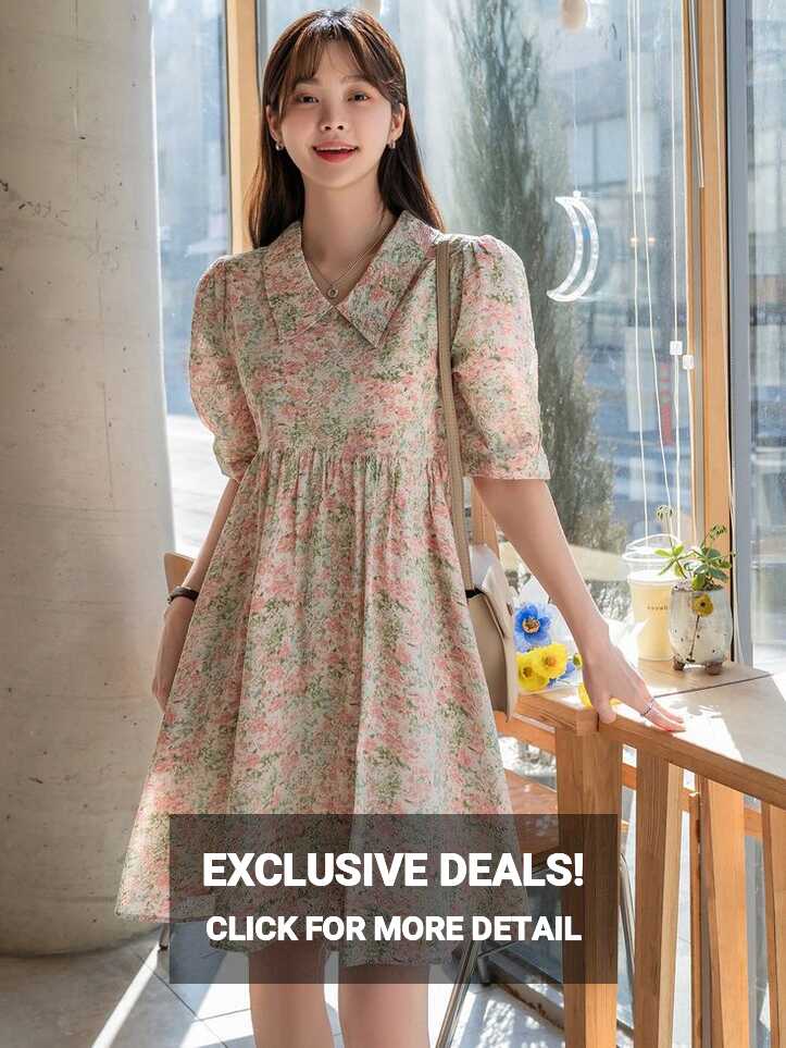 Allover Floral Print Puff Sleeve Dress With Lined