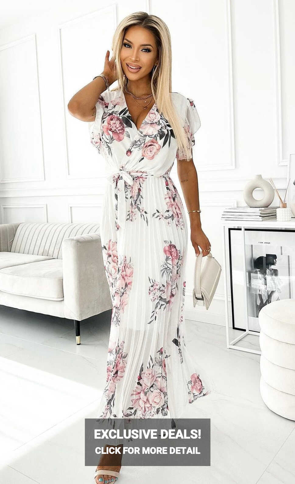 Amalfi Coast White Floral Chiffon Short Sleeve Pleated Belted Maxi ...