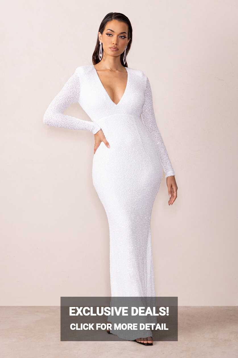 Amani White Sequin Plunge Neck Long Sleeves Fishtail Maxi Dress ...