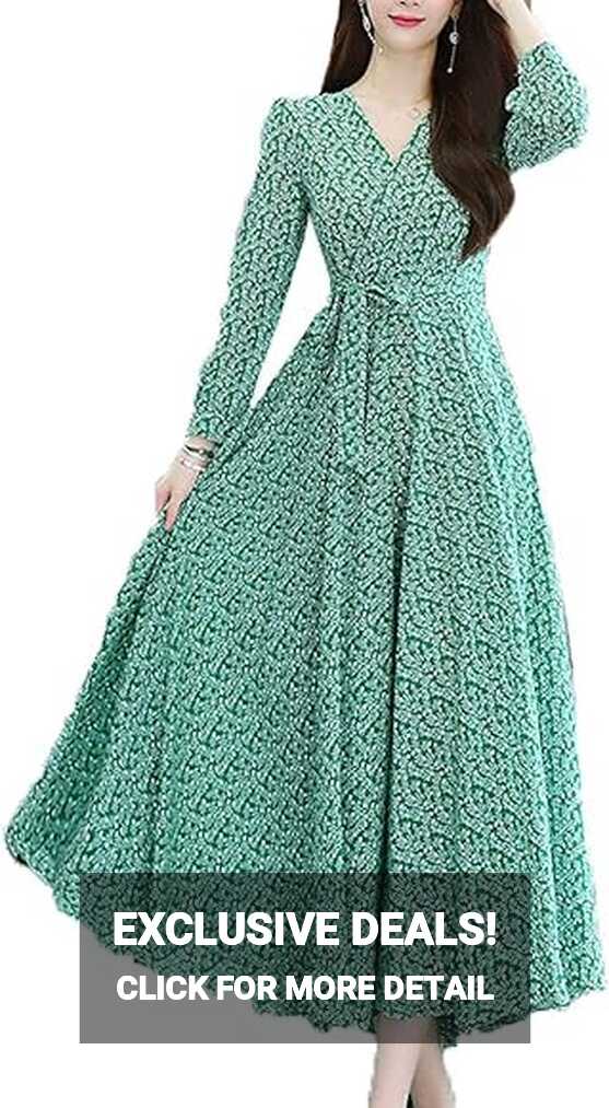 Amazon.co.jp: Women&#39;s Long Dress, Maxi Dress, Floral Dress, Green ...