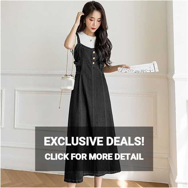 Amazon.co.jp: ZYZMH Korean Style Denim Dress Long Jeans Dress ...