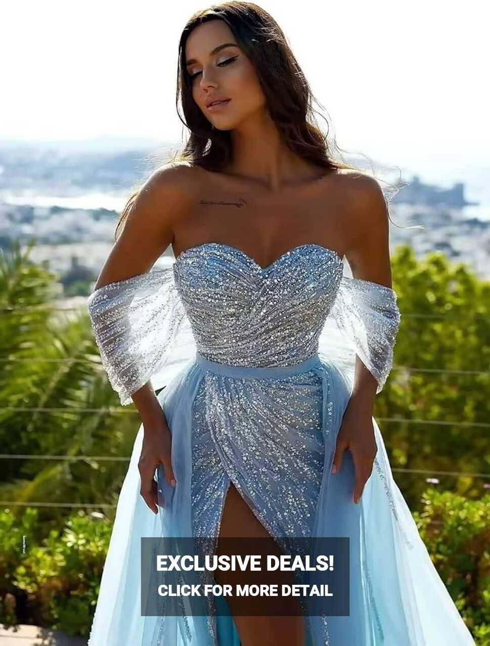 Amazon.com: Aqua Prom Dresses Satin Glitter Sequin Slit Mermaid ...