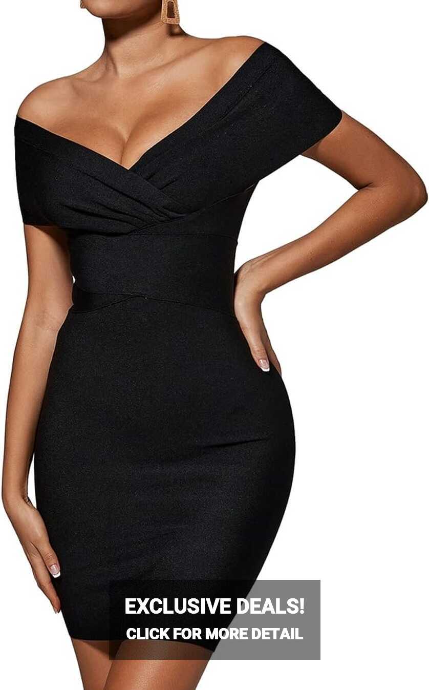 Amazon.com: BELLA BARNETT Off The Shoulder Dress Black Mini ...