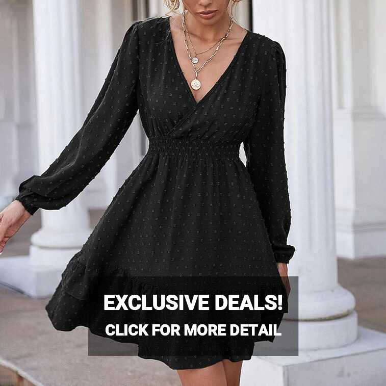 Amazon.com: Black Dresses for Women Sweet Cute V Neck Long Sleeve ...