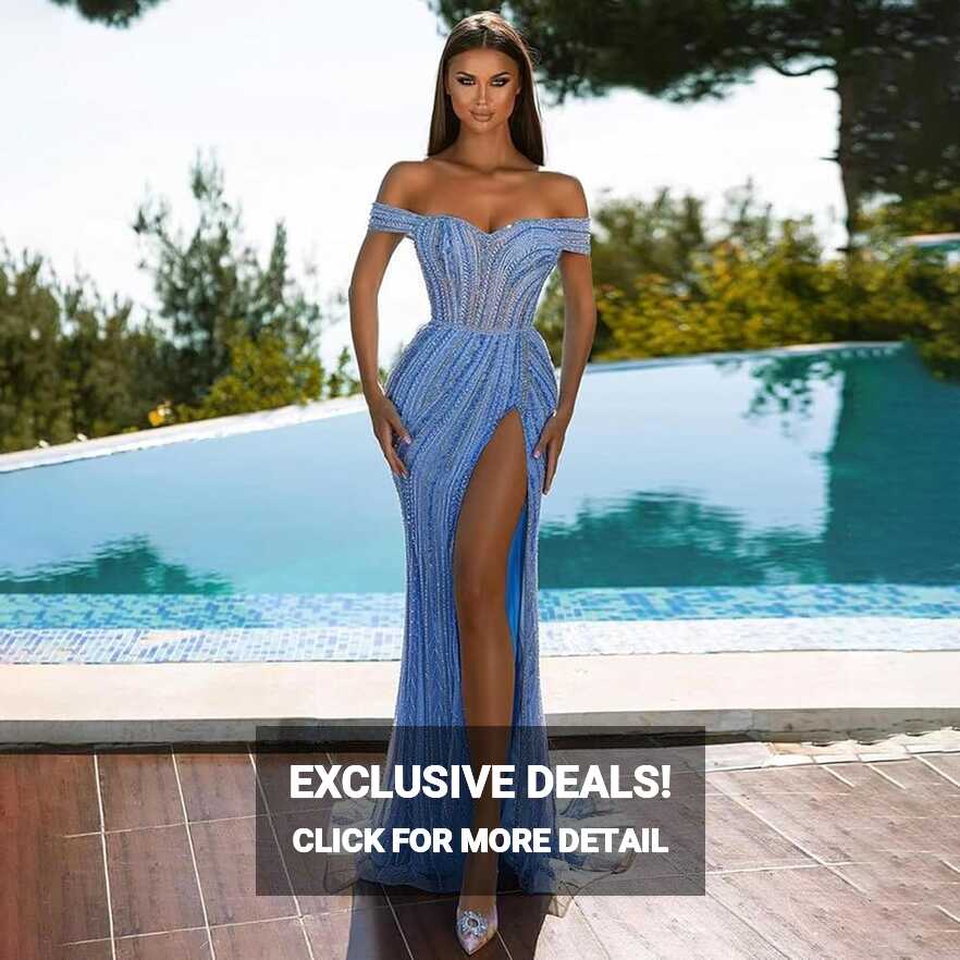 Amazon.com: Blue Elegant Mermaid Sexy High Split Beaded Long ...