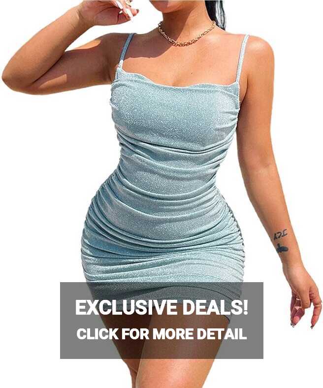 Amazon.com: EVILD Glitter Spaghetti Strap Bodycon Dress Blue Club ...