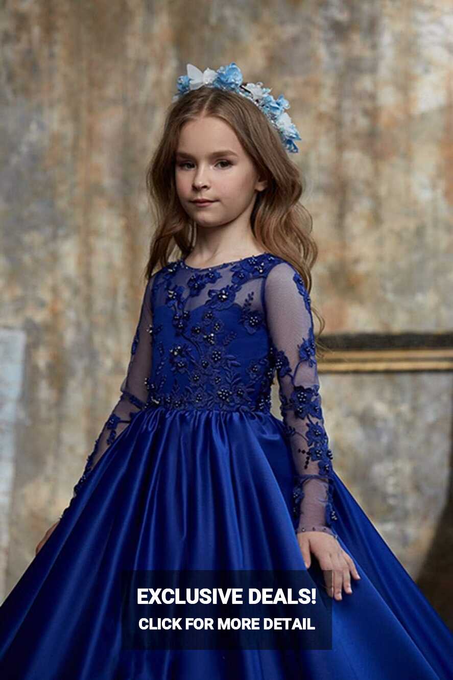 Amazon.com: HYGLJL Royal Blue Satin Flower Girl Dress for Pageant ...