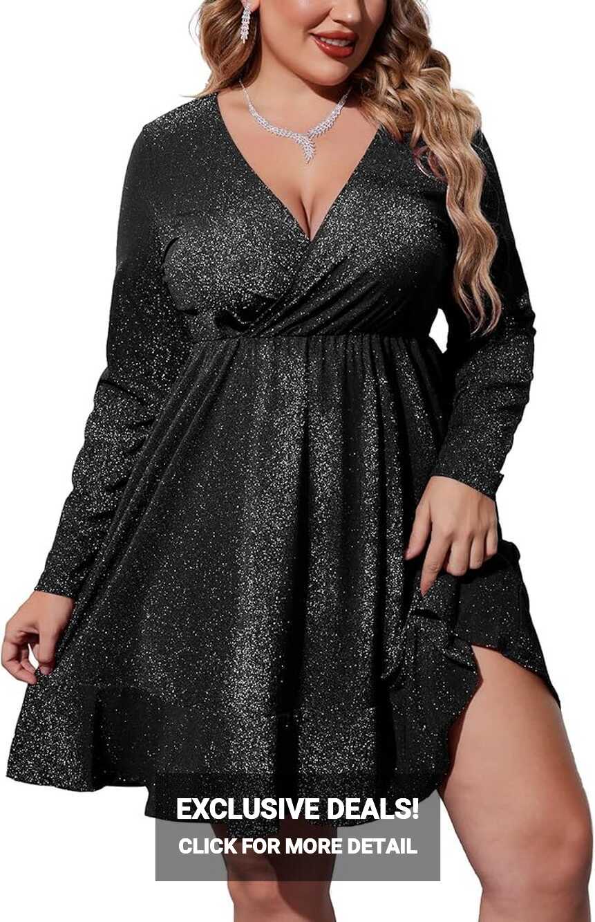 Amazon.com: IN&#39;VOLAND Women&#39;s Plus Size Surplice Neck Glitter ...