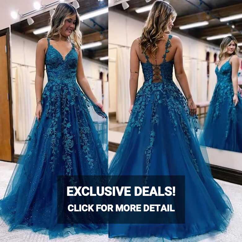 Amazon.com: Long Prom Dresses V-Neck Tulle Ball Gowns Laces ...