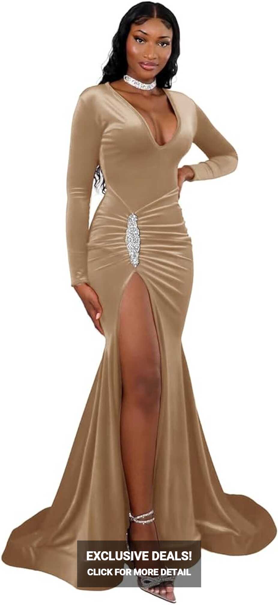 Amazon.com: Long Sleeve Evening Gown Mermaid Beige Prom Dresses ...