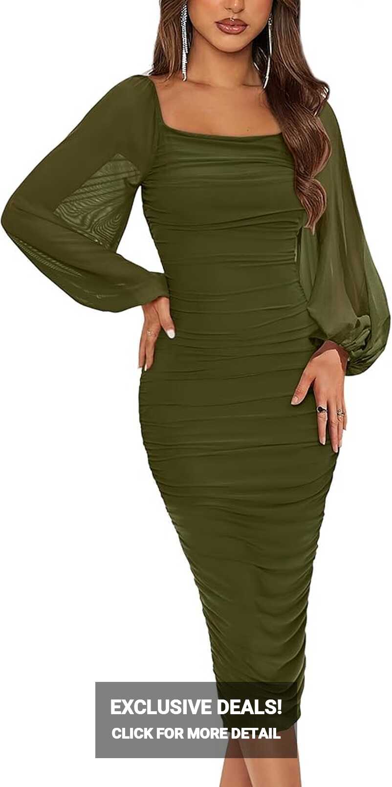 Amazon.com: MASCOMODA Women&#39;s 2024 Long Puff Sleeve Ruched Midi ...