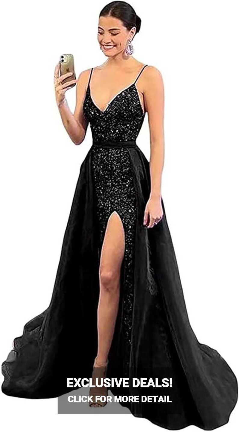 Amazon.com: Mouccy Black Sequin Prom Dress with Slit V Neck Long ...