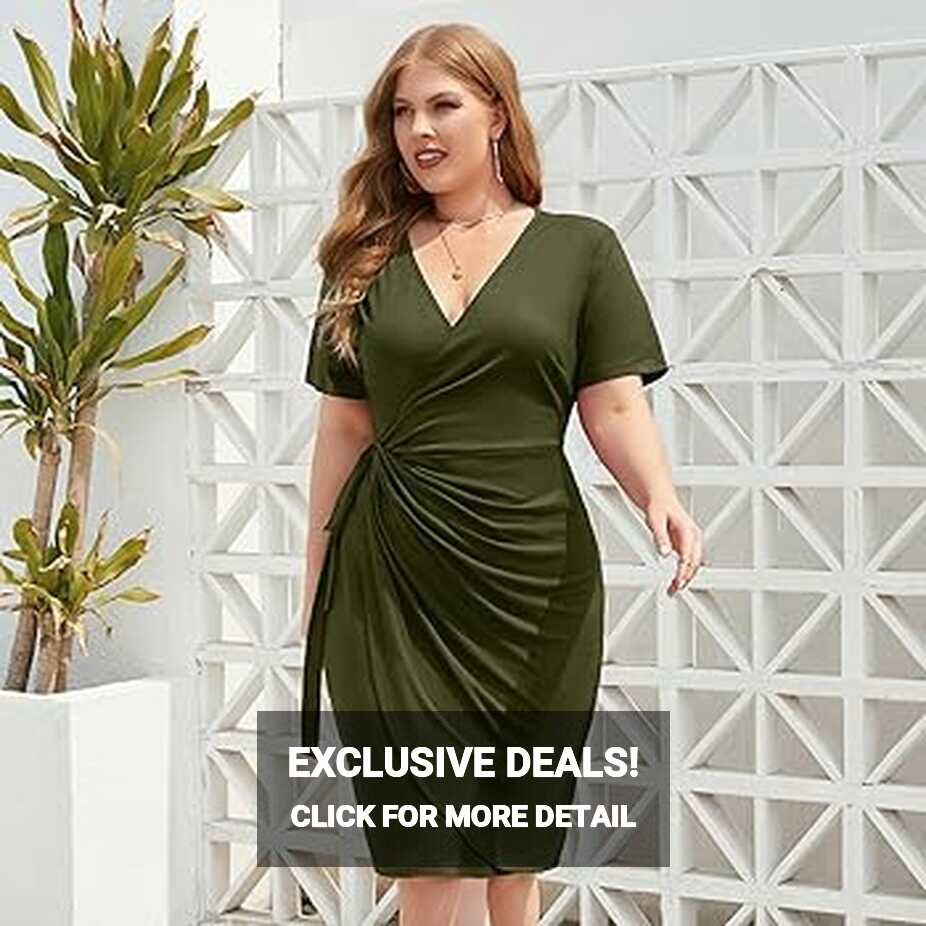 Amazon.com: OLEMEK Women&#39;s Plus Size V Neck Wrap Dress Cotton ...