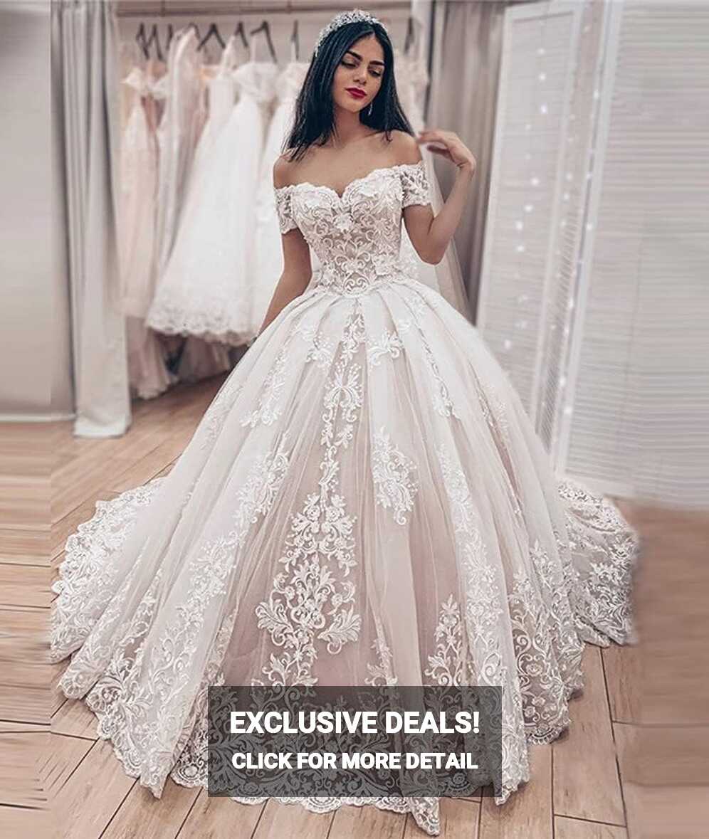 Amazon.com: Off Shoulder Lace Appliques Wedding Dresses for Bride ...